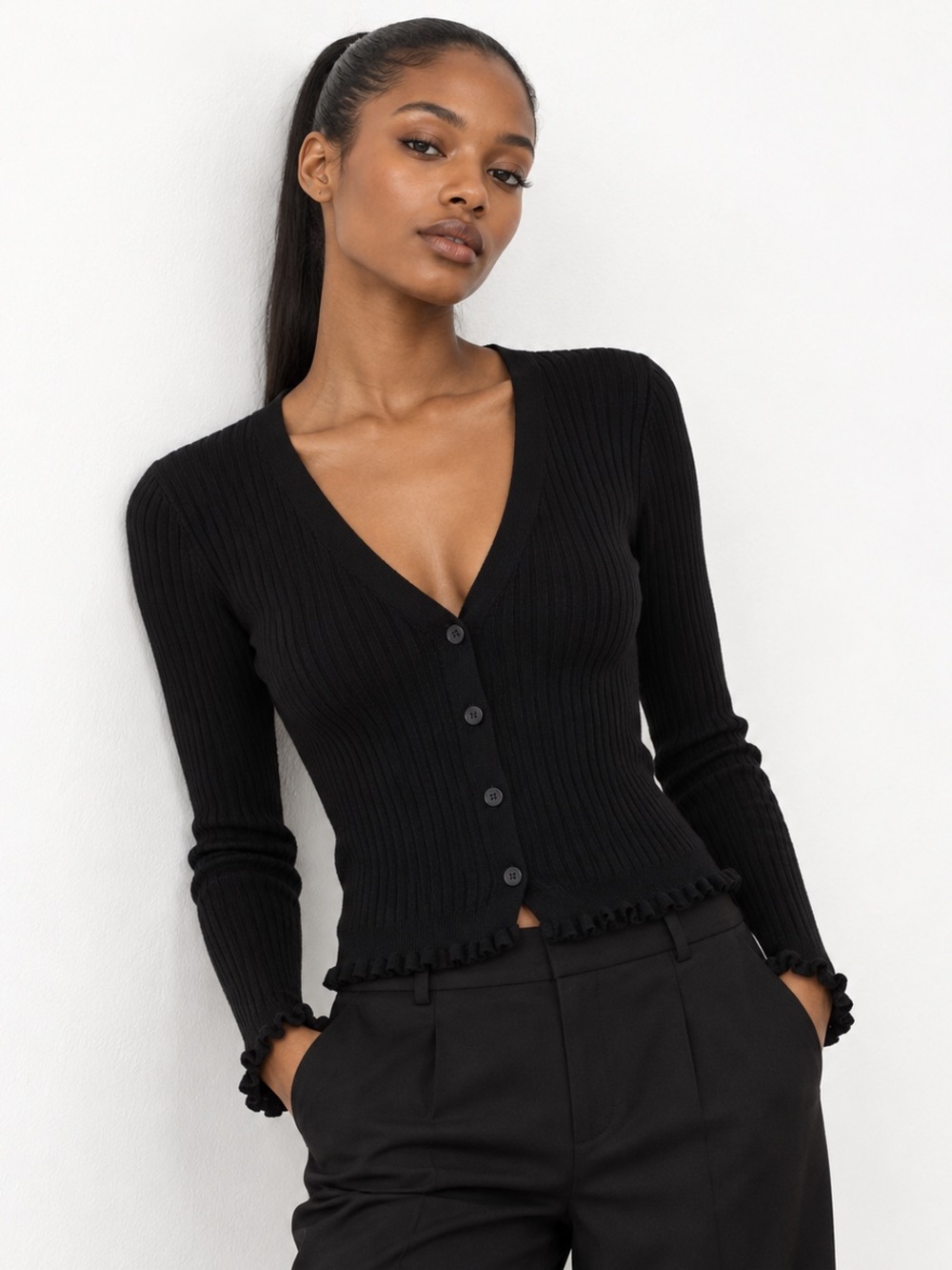 Mango Black Ribbed Cardigan with Ruffle Detail